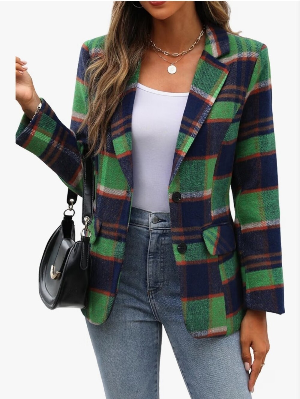 Plaid Tailored Blazer Jacket - Green & Navy